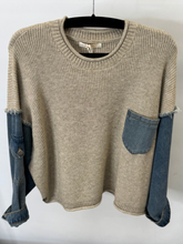Load image into Gallery viewer, Malissa J stone knit jumper with denim sleeves and pocket – WF2645 women’s casual knitwear top, stylish denim mix jumper for everyday smart-casual wear.
