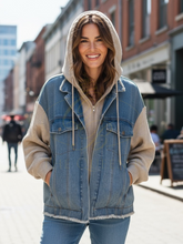 Load image into Gallery viewer, Malissa J WF2646 stone denim and knit mix women’s jacket - casual zip-up jacket with hood, denim overlay and knit sleeves for smart-casual layering.
