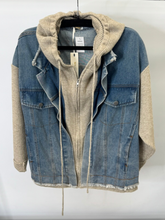 Load image into Gallery viewer, Malissa J WF2646 stone denim and knit mix women’s jacket - casual zip-up jacket with hood, denim overlay and knit sleeves for smart-casual layering.
