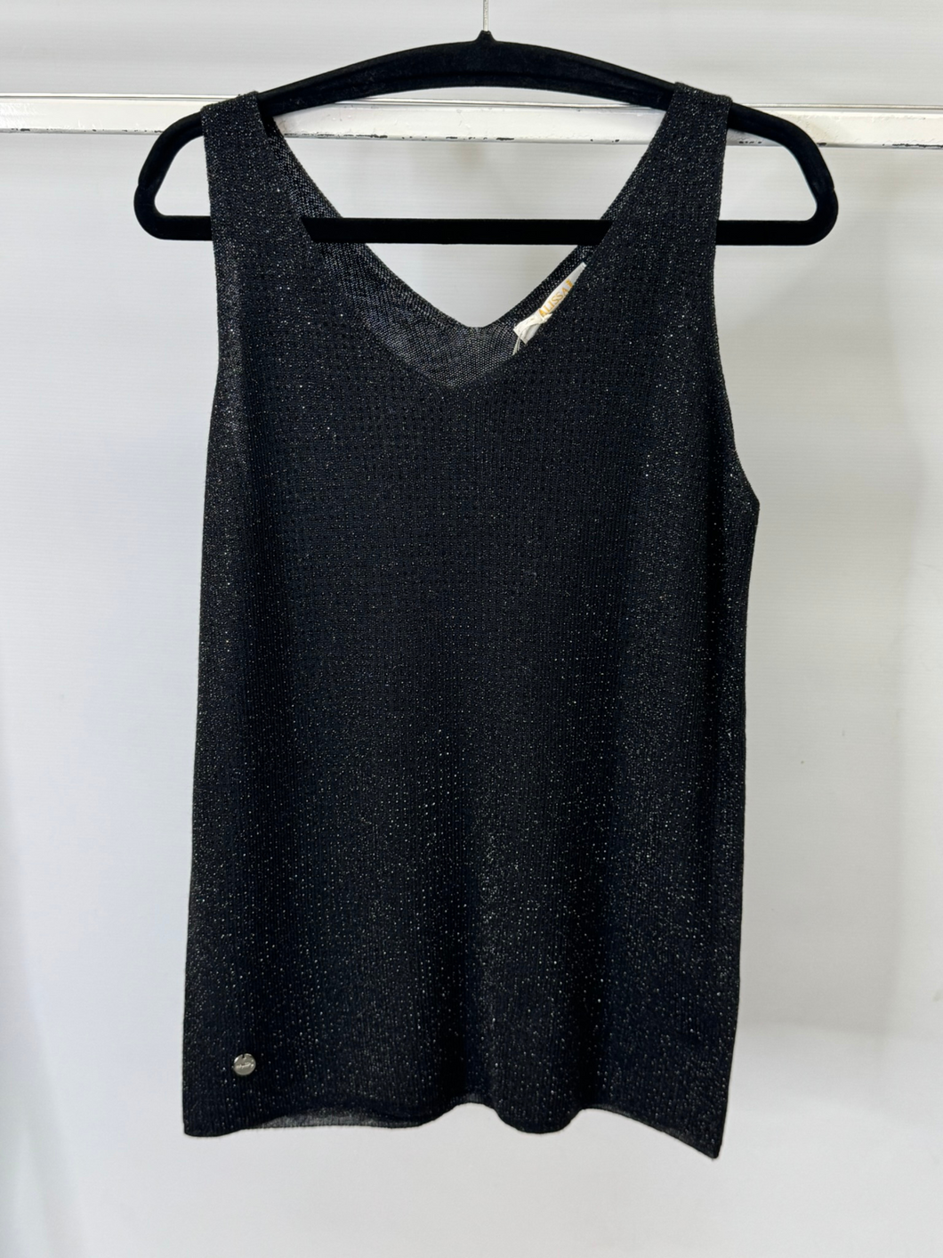 Malissa J black studded knit tank top – women’s sparkly V-neck sleeveless blouse, versatile layering piece for day-to-night chic outfits.