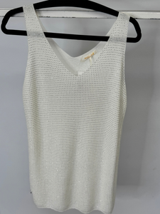 Malissa J WF2647 white studded knit tank top – sleeveless sparkly V-neck women’s top, elegant lightweight knit tank top for casual and evening wear.