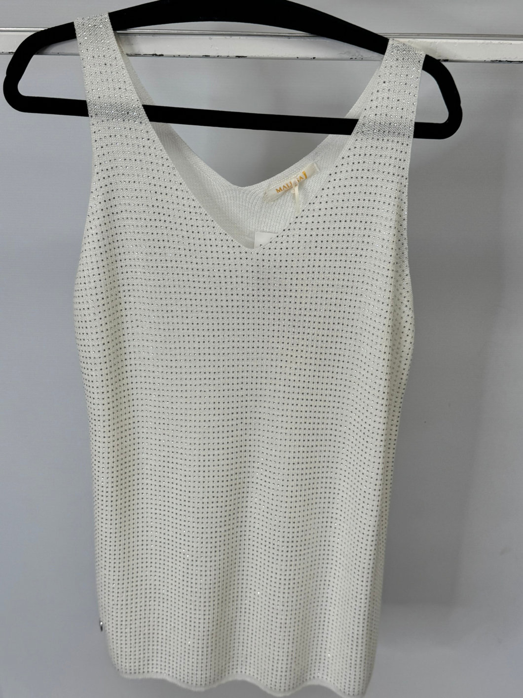 Malissa J WF2647 white studded knit tank top – sleeveless sparkly V-neck women’s top, elegant lightweight knit tank top for casual and evening wear.