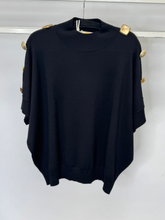 Load image into Gallery viewer, Malissa J WF2648 black high neck knit jumper with gold button detail - women’s chic knitwear, versatile autumn winter jumper for smart-casual and evening outfits.
