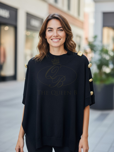 Malissa J WF2648 black high neck knit jumper with gold button detail - women’s chic knitwear, versatile autumn winter jumper for smart-casual and evening outfits.