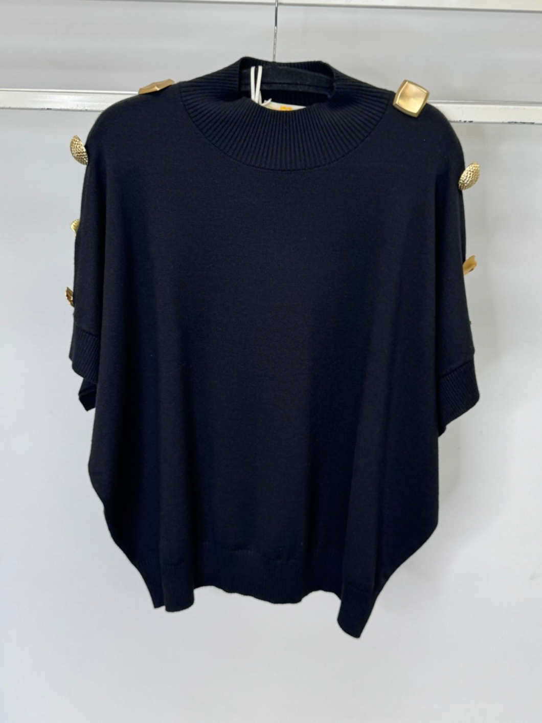 Malissa J WF2648 black high neck knit jumper with gold button detail - women’s chic knitwear, versatile autumn winter jumper for smart-casual and evening outfits.