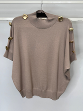 Load image into Gallery viewer, Malissa J WF2648 stone high neck knit jumper with gold button detail – women’s chic knitwear, versatile autumn winter jumper for smart-casual and evening outfits.
