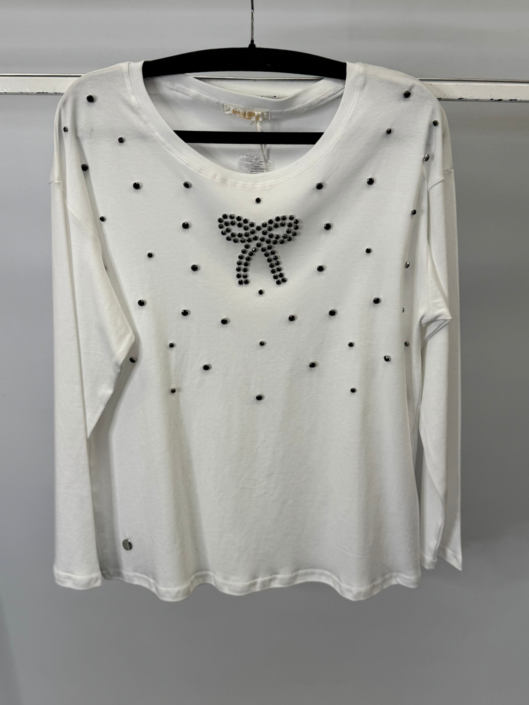 Malissa J white bow design top - women’s long sleeve round neck studded blouse with bow detail, versatile day-to-night fashion piece