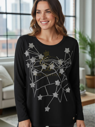 Malissa J WF2651 black star pattern women’s top – long sleeve celestial print blouse, casual and smart-casual versatile top.