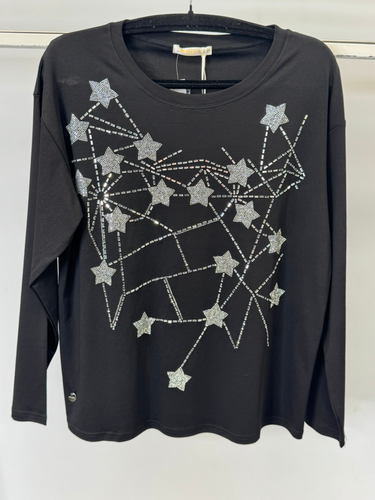 Malissa J WF2651 black star pattern women’s top – long sleeve celestial print blouse, casual and smart-casual versatile top.