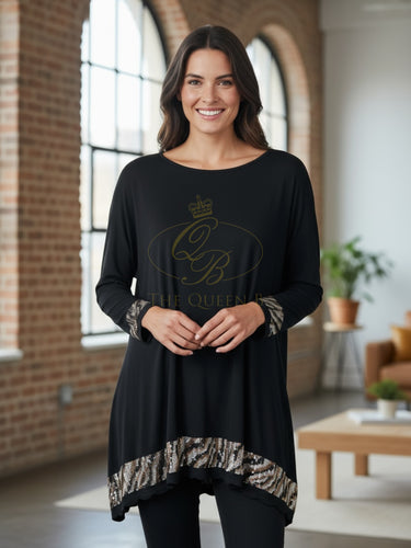 Malissa J black embellished top with metallic animal-print hem and cuffs – women’s long sleeve round neck blouse for casual chic and evening glamour.