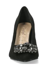 Load image into Gallery viewer, Misstyl Myriano 02 Noir Heel – black pointed-toe stiletto with jewel embellishment, elegant women’s dress heels with 7.5 cm sculpted heel.
