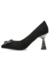 Load image into Gallery viewer, Misstyl Myriano 02 Noir Heel – black pointed-toe stiletto with jewel embellishment, elegant women’s dress heels with 7.5 cm sculpted heel.
