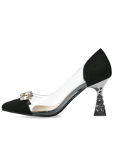 Load image into Gallery viewer, Misstyl Myriano 06 Noir Heel – black stiletto with jewel-embellished pointed toe, clear TPU upper and crystal-detailed heel.
