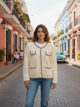 Load image into Gallery viewer, PARAMOUR - DESIGN JKT 8076 – elegant textured jacket with pearl-style buttons, contrast trim detailing, and front pockets. A chic and timeless layering piece for sophisticated styling.

