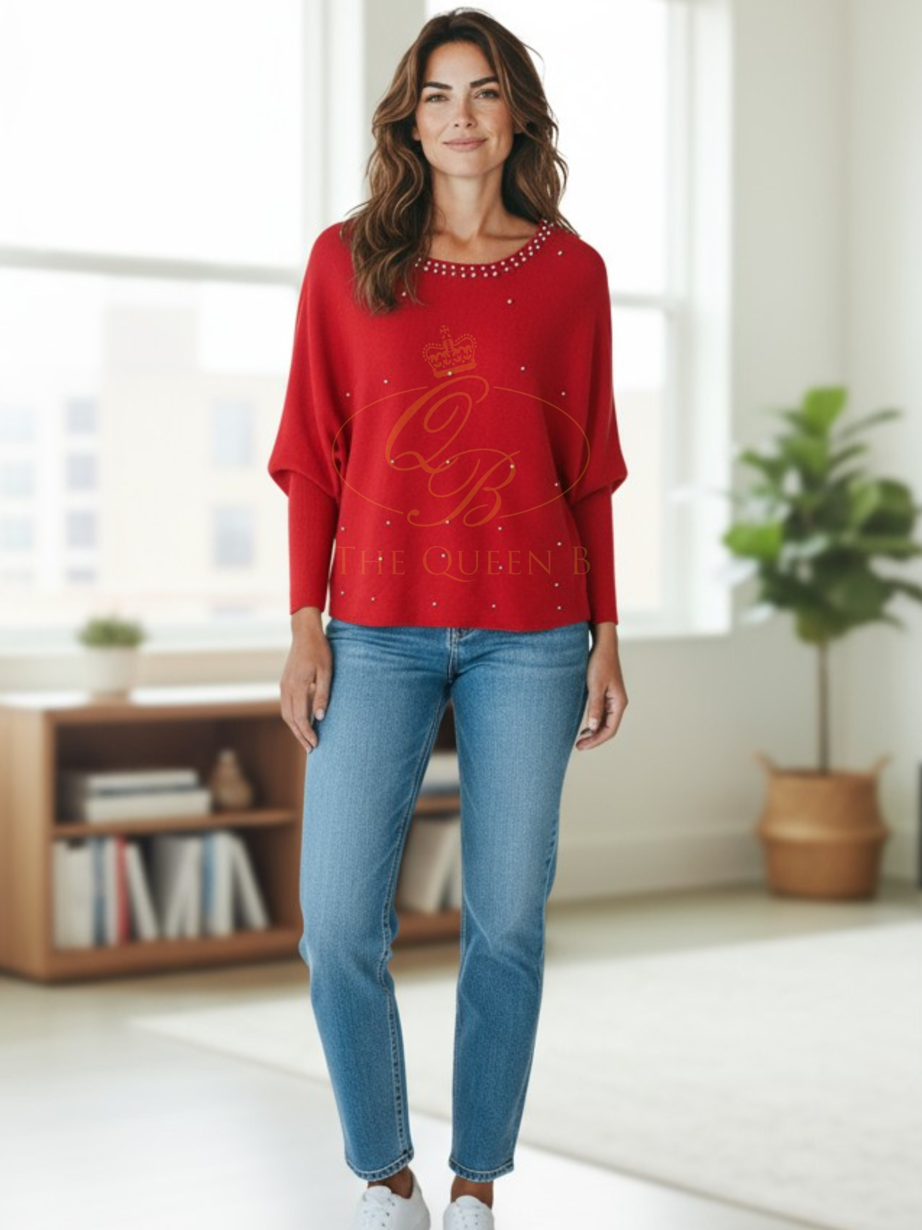 PARAMOUR PK8046 Red Embellished Knit Jumper – women’s red knit jumper with pearl-effect stud detailing, round neckline,and long sleeves. A versatile knitwear piece for chic day-to-evening looks.