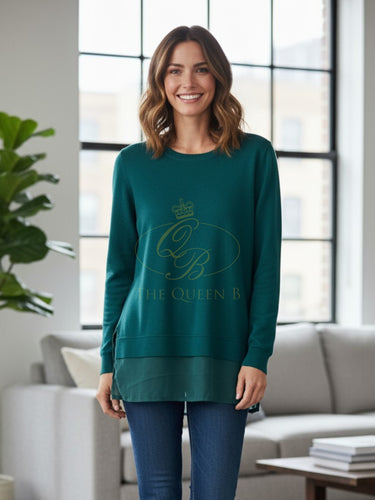 PARAMOUR PK3061 Teal Mesh Hem Jumper featuring a layered sheer mesh hem and classic knit design.