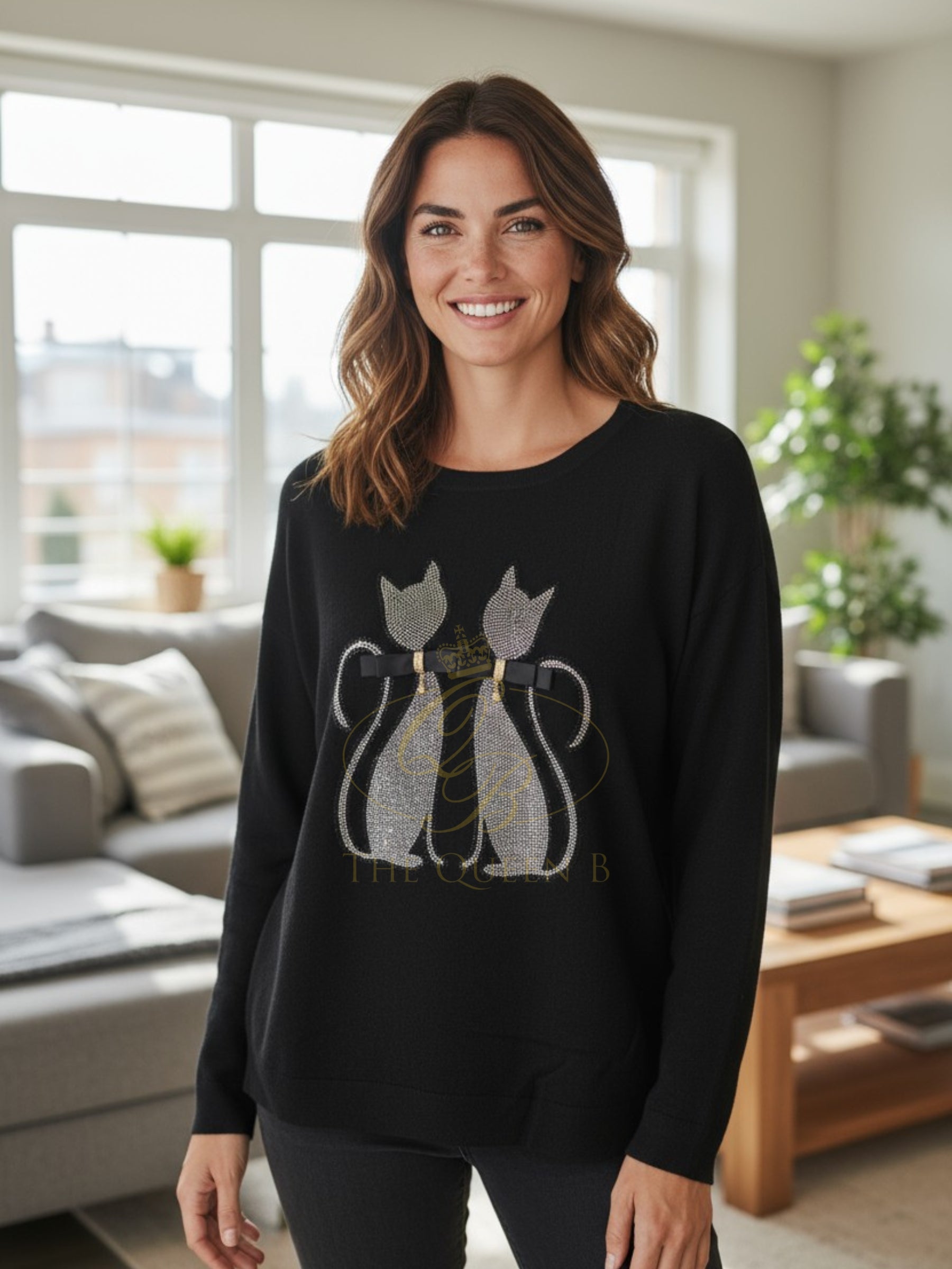 PARAMOUR PK8045 Black Jumper with crystal-embellished twin cat design, relaxed fit, and long sleeves.