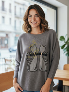 PARAMOUR PK8045 Grey Jumper featuring a crystal-embellished twin cat design, relaxed fit, and long sleeves.