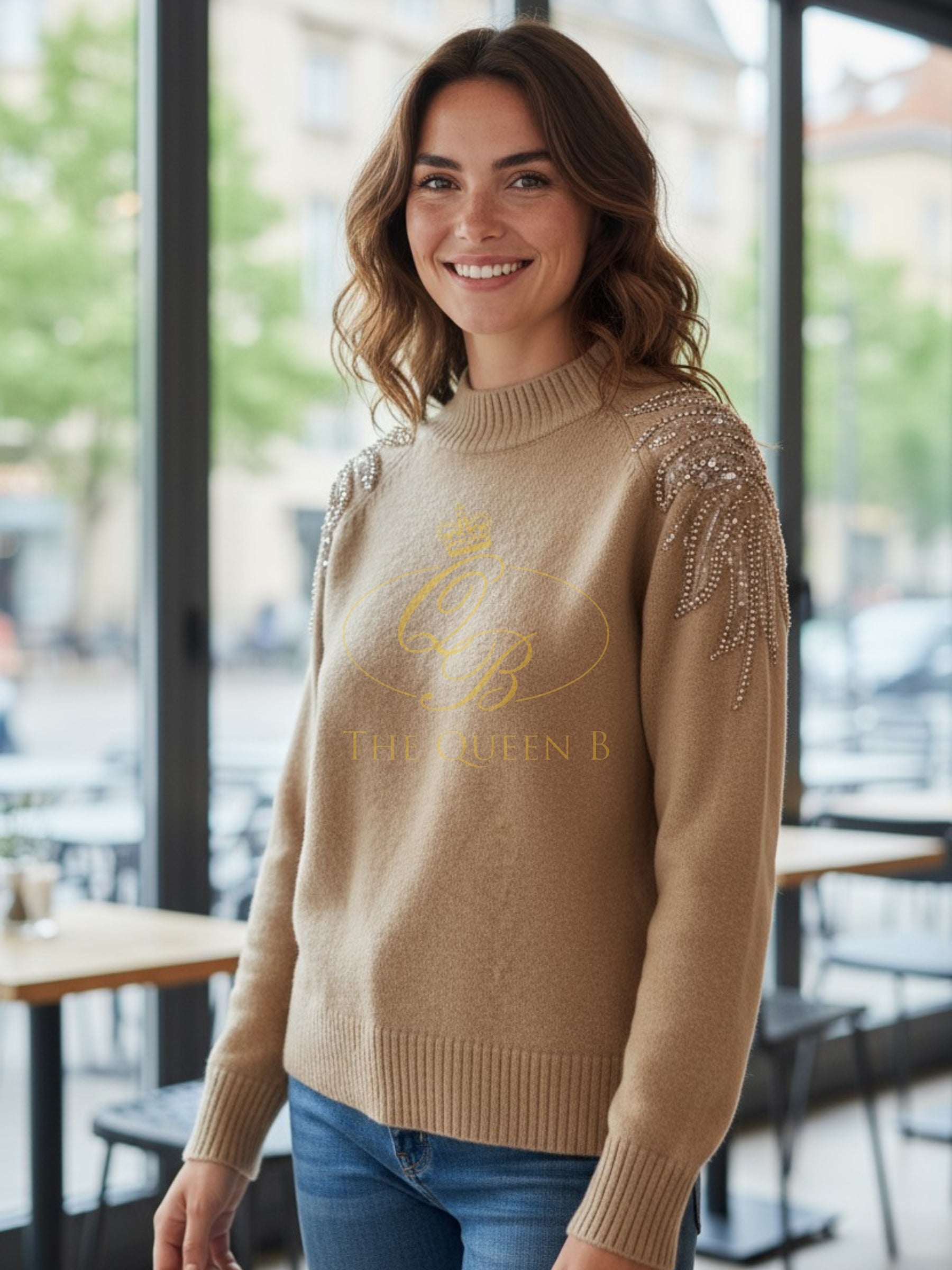 PARAMOUR PK8057 taupe jumper with embellished detailing across the shoulders.