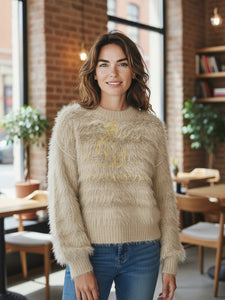PARAMOUR PK8058 Stone Jumper featuring a fluffy textured knit design with ribbed neckline, cuffs, and hem.