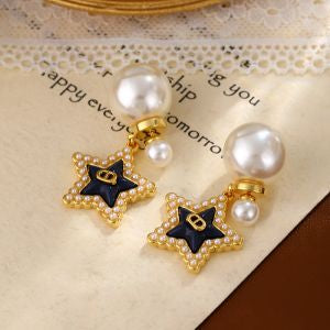 PCHA 562 Stars & Pearls Earrings Black – gold-tone star drop earrings with black enamel, pearl stud and pearl-accented detailing, statement women’s jewellery.