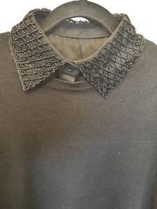 PCHA 7726 Black Crystals Embellished Cotton Collar featuring diamond-pattern crystal detailing, button fastening, and adjustable side straps for a polished layered look.