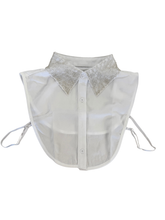 Load image into Gallery viewer, PCHA 7726 White Crystals Embellished Cotton Collar featuring diamond-pattern crystal detailing, button fastening and adjustable side straps for a polished layered look.
