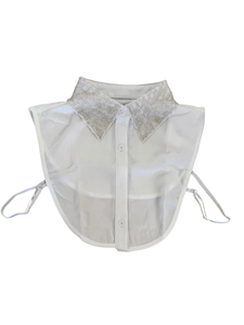 PCHA 7726 White Crystals Embellished Cotton Collar featuring diamond-pattern crystal detailing, button fastening and adjustable side straps for a polished layered look.