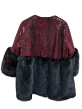 Load image into Gallery viewer, PCHA DH26 Red Sequin &amp; Faux Fur Trim Jacket – red sequin jacket with black faux fur sleeves and hem. Perfect for glamorous winter and festive styling.

