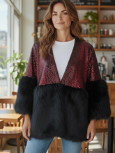 Load image into Gallery viewer, PCHA DH26 Red Sequin &amp; Faux Fur Trim Jacket – red sequin jacket with black faux fur sleeves and hem. Perfect for glamorous winter and festive styling.
