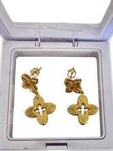Load image into Gallery viewer, PCHA EUR574 Gold Four Petals Charm Drop Earrings featuring floral-inspired design, crystal accents and elegant gold detailing.
