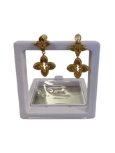 Load image into Gallery viewer, PCHA EUR574 Gold Four Petals Charm Drop Earrings featuring floral-inspired design, crystal accents and elegant gold detailing.

