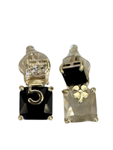 Load image into Gallery viewer, PCHA EUR575 Gold and Black Geometric No 5 Dangle Earrings featuring crystal detailing, asymmetric cube design and luxe gold accents.
