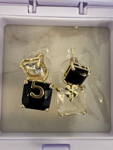 Load image into Gallery viewer, PCHA EUR575 Gold and Black Geometric No 5 Dangle Earrings featuring crystal detailing, asymmetric cube design and luxe gold accents.
