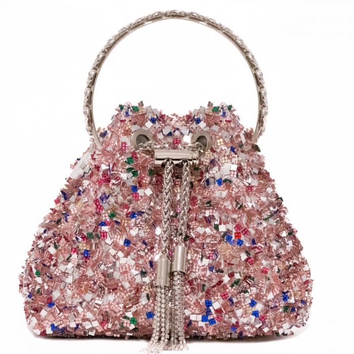PCHA G1142 Crystal Stones Pouch Bag Multi Colours – embellished evening bag with crystal detailing, silver-tone ring handle, and tassel drawstring closure, women’s statement party pouch.