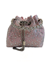 Load image into Gallery viewer, PCHA G1142 Pink Pouch Bag featuring sparkling rhinestone embellishments, silver handle, chain tassel detail and a glamorous drawstring design perfect for evening occasions.
