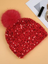 Load image into Gallery viewer, PCHA SD117 Red Sequin Pompom Hat – red sequin-embellished knit hat with faux fur pompom, also available in black and cream. Perfect for winter and festive styling.
