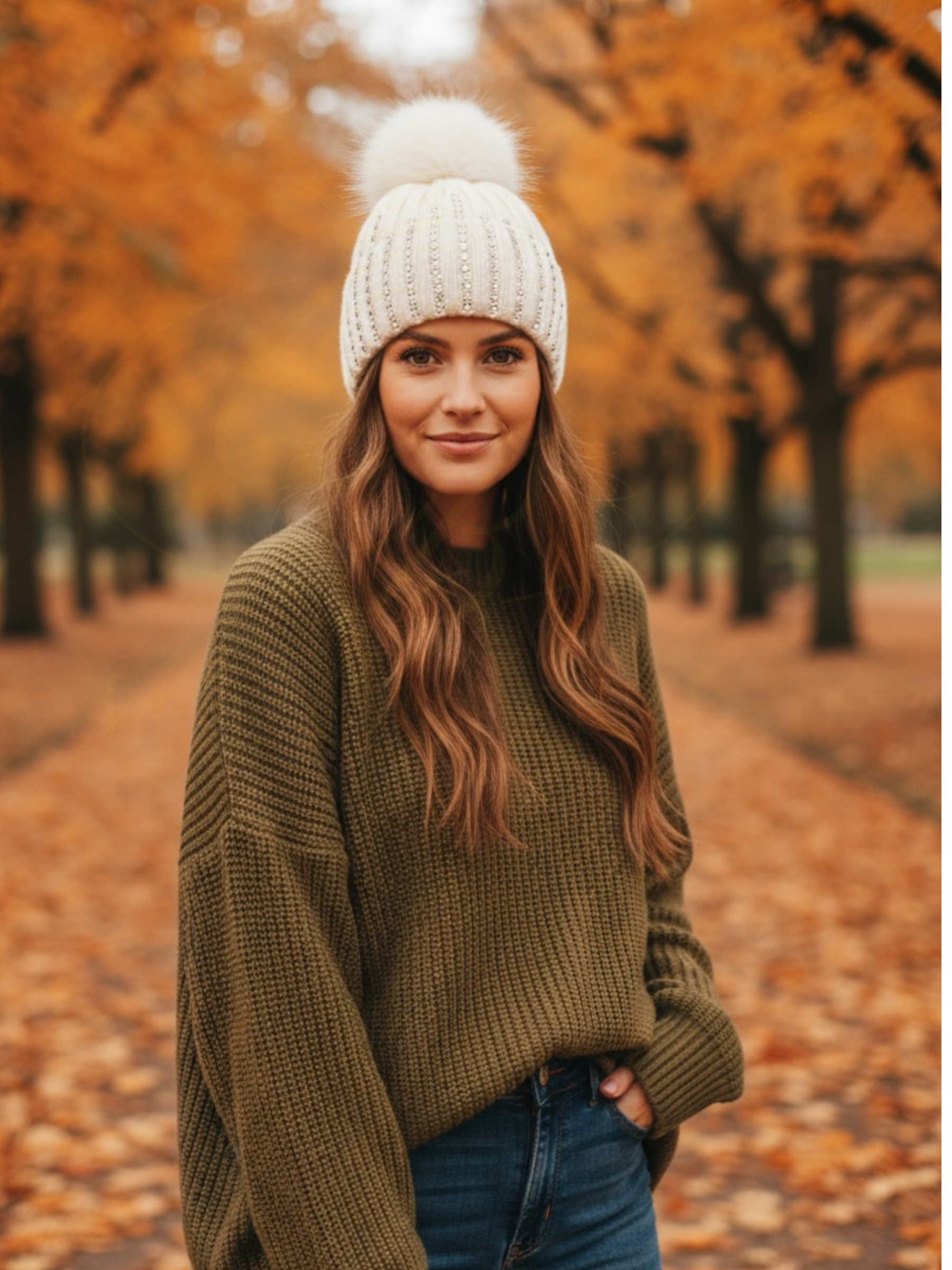 PCHA SD118 Cream Crystals Studded Pompom Hat – cream ribbed knit hat with crystal studding and faux fur pompom, also available in black. Perfect for chic winter styling.