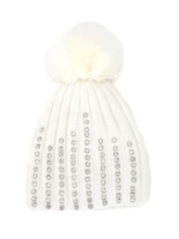 Load image into Gallery viewer, PCHA SD118 Cream Crystals Studded Pompom Hat – cream ribbed knit hat with crystal studding and faux fur pompom, also available in black. Perfect for chic winter styling.

