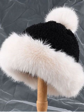 Load image into Gallery viewer, PCHA SD124 Black Faux Fur Trim Pompom Hat – black knit winter hat with cream faux fur trim and matching pompom. Perfect for stylish cold-weather outfits.
