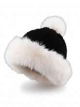 Load image into Gallery viewer, PCHA SD124 Black Faux Fur Trim Pompom Hat – black knit winter hat with cream faux fur trim and matching pompom. Perfect for stylish cold-weather outfits.
