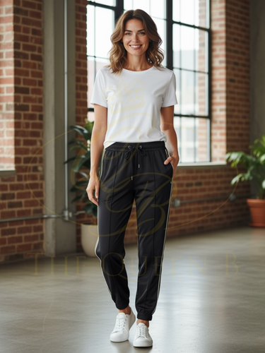 PINNS 643T Black/Geo wide-leg trousers with side tape detail-women’s pull-on fashion trousers for versatile everyday wear.