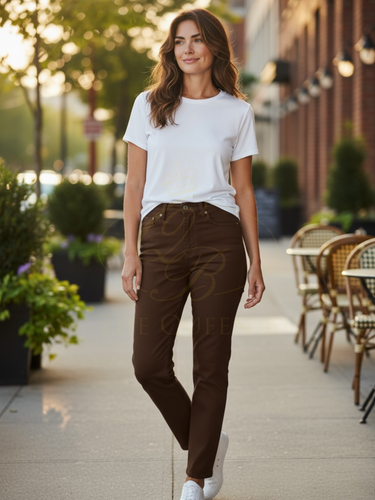 PINNS 721T reversible denim jeans in chocolate brown and animal print, slim-fit stretch cotton with two-in-one versatile style.