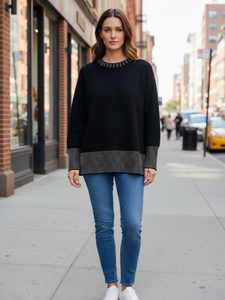 Paramour 98780 Black Crystal Embellished Jumper – women’s black knit with crystal neckline, cuffs and hem detailing.