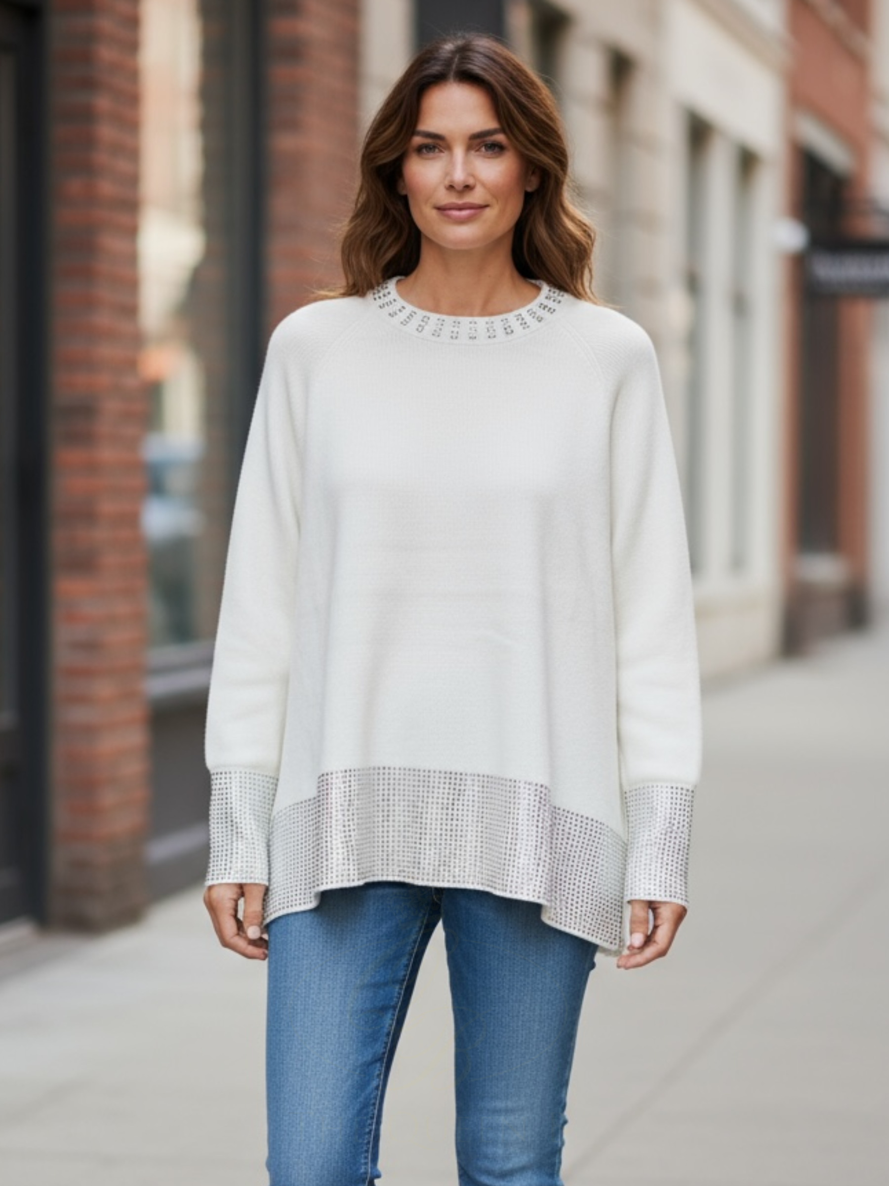 Paramour 98780 Ivory Crystal Embellished Jumper – elegant ivory knit with sparkling crystal neckline, cuffs and hem accents.