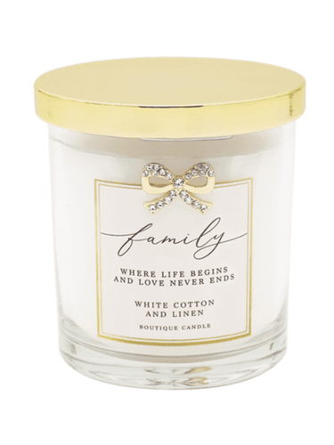 QB25 CAN1 Family White Cotton & Linen Candle with gold diamanté bow and elegant glass jar