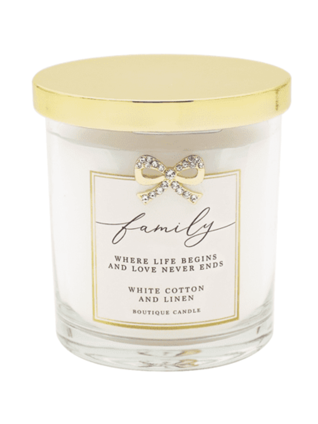 QB25 CAN1 Family White Cotton & Linen Candle with gold diamanté bow and elegant glass jar