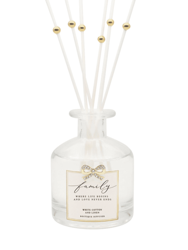 QB25 DIF1 Family White Cotton & Linen Diffuser with gold diamanté bow and elegant glass design