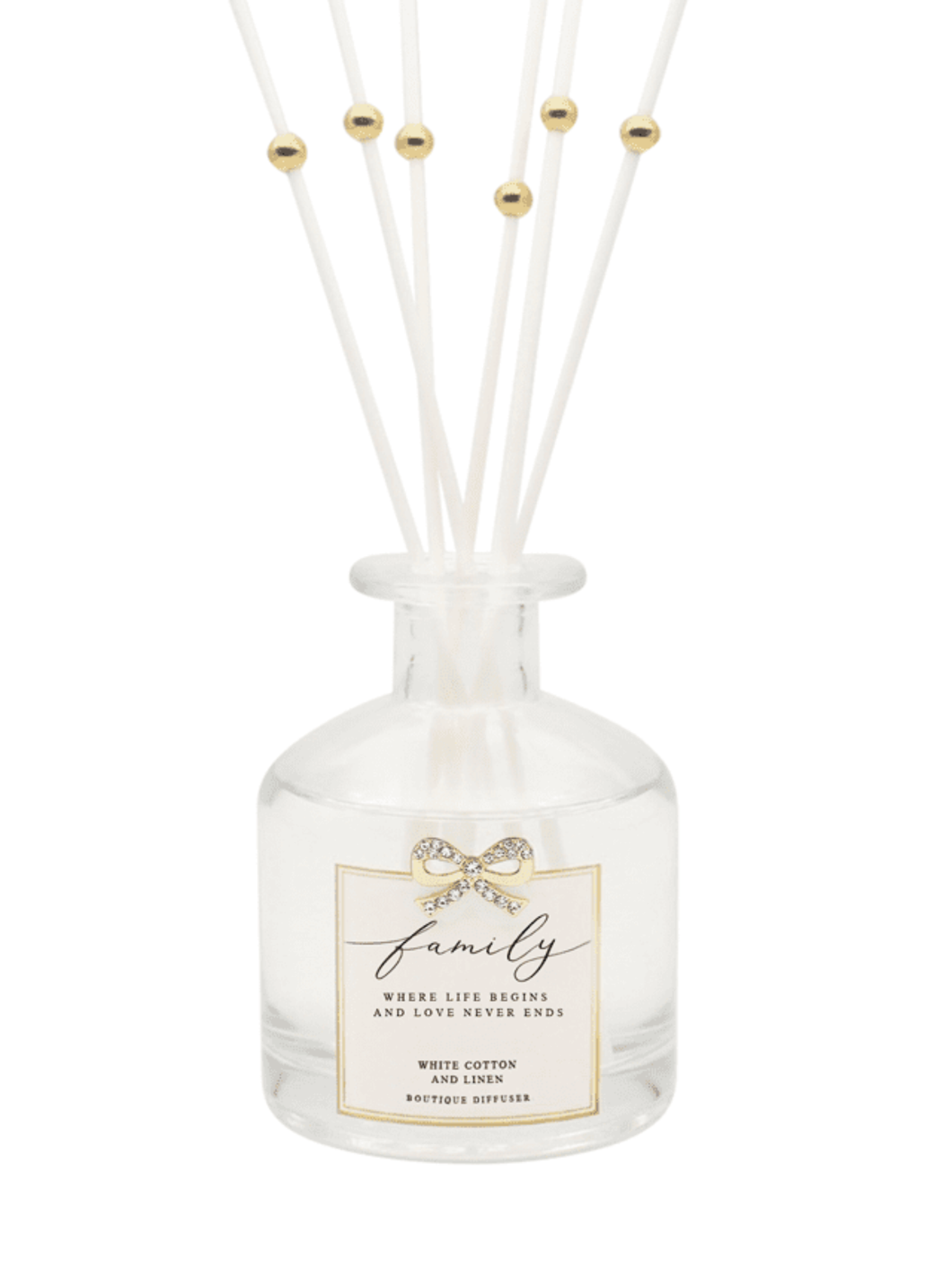 QB25 DIF1 Family White Cotton & Linen Diffuser with gold diamanté bow and elegant glass design