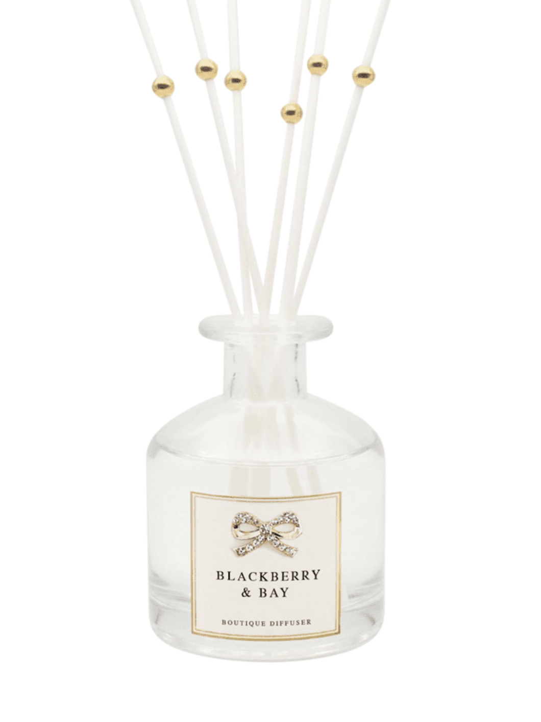 Luxury QB25 DIF9 Blackberry & Bay Diffuser with gold diamanté bow and white reeds, beautifully packaged for a sophisticated home fragrance gift.